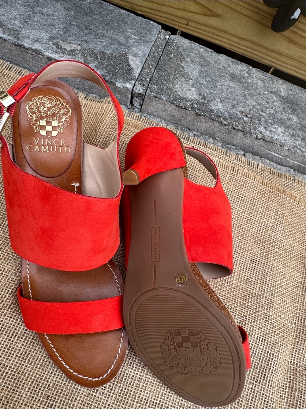 Vince Camuto Bright Red Suede Wide-Band Slingback Sandals - Picture 3 of 7